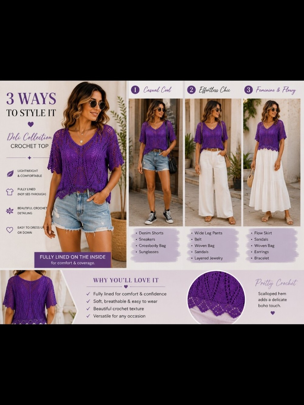 Deli Collection ~Crochet Top | Purple Boho Blouse| Large